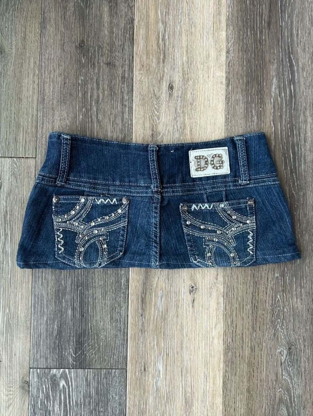 D'glam Reworked Denim Micro Mini Skirt Size 7 Rhinestone DG Pocket Y2K McBling